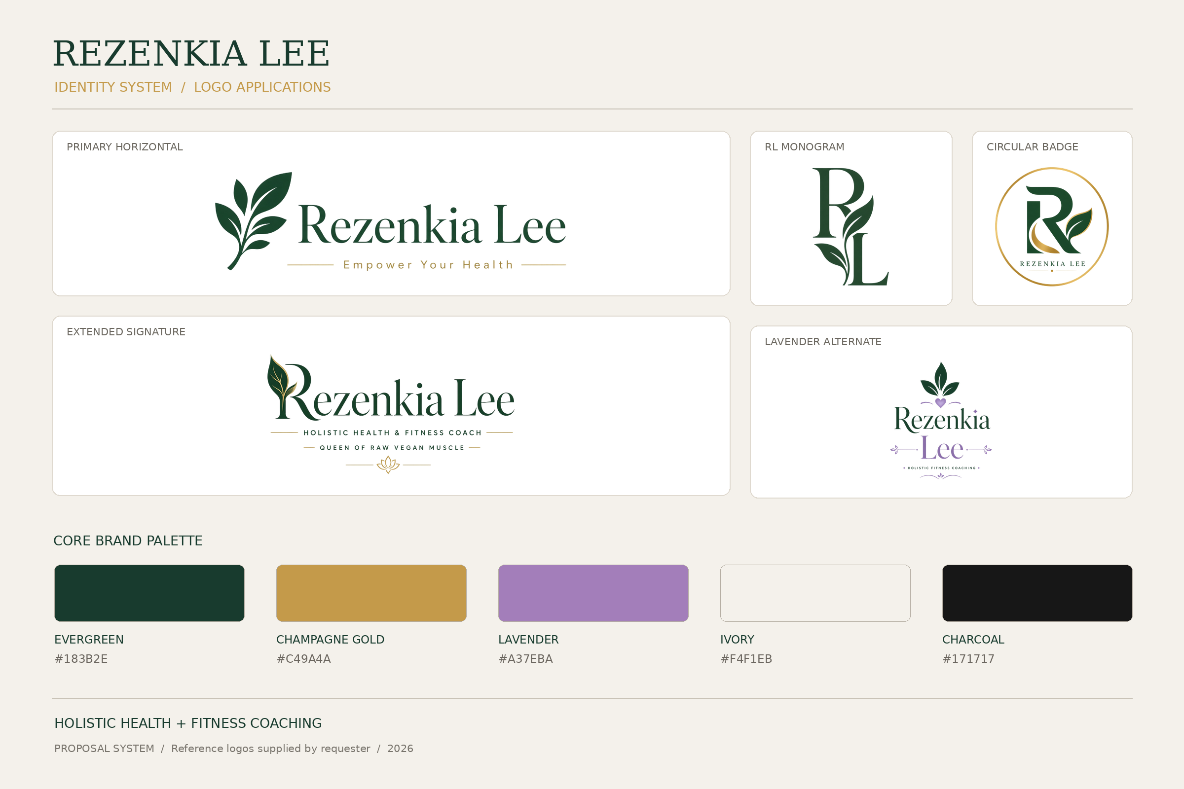 Rezenkia Lee identity system and logo applications sheet showing primary horizontal signature, RL monogram, circular badge, extended signature, lavender alternate, and core brand palette.