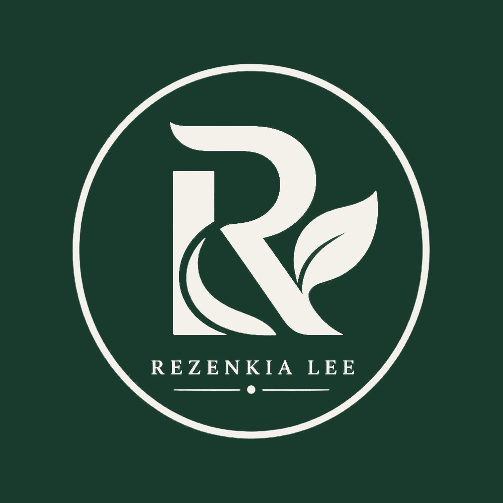 Circular Rezenkia Lee badge in ivory on evergreen.
