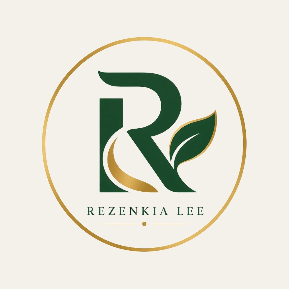 Circular Rezenkia Lee badge in evergreen and champagne gold on ivory.