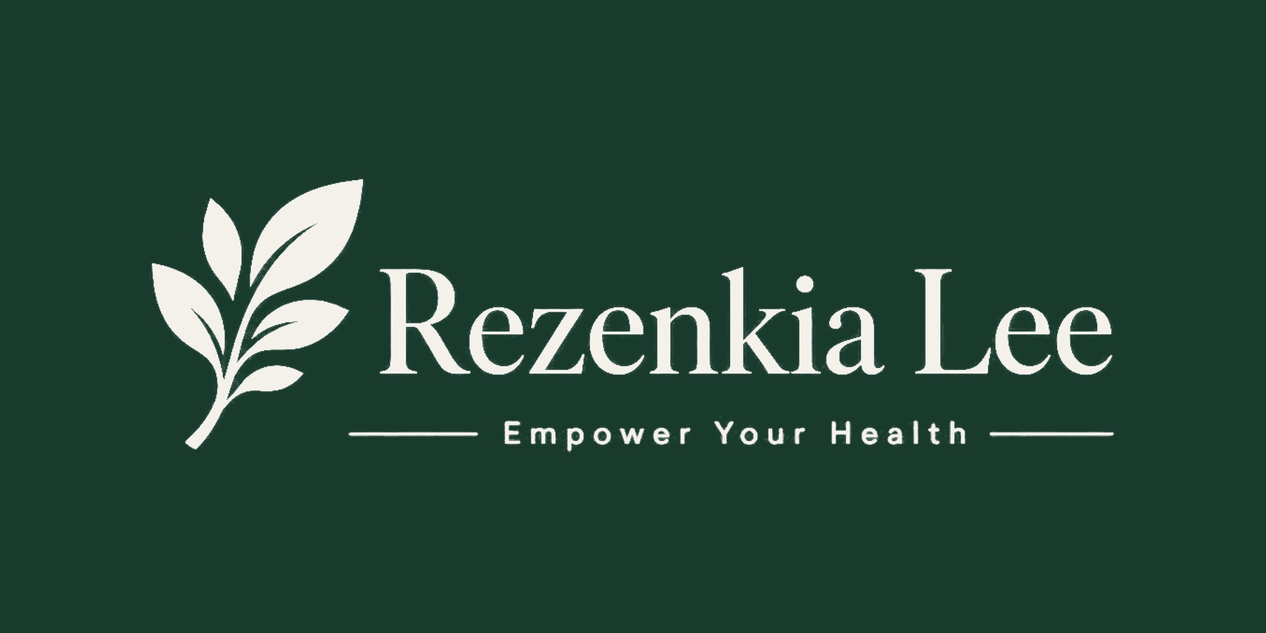 Rezenkia Lee botanical horizontal wordmark in ivory on evergreen.