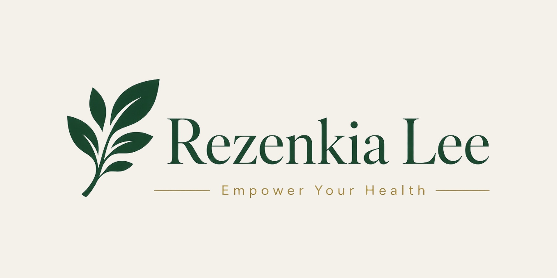 Rezenkia Lee botanical horizontal wordmark with Empower Your Health tagline on ivory.