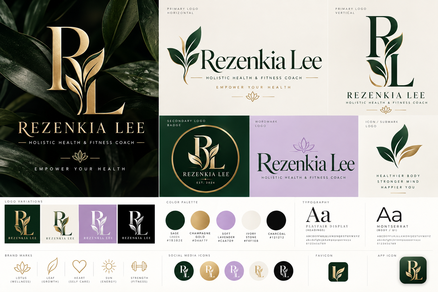 Rezenkia Lee identity system with botanical RL monogram, primary signatures, circular badge, evergreen, champagne gold, lavender, ivory, and charcoal.