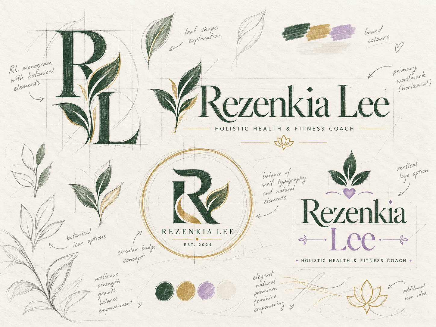 Rezenkia Lee supplied identity exploration board showing botanical RL monogram studies, leaf forms, wordmark and circular badge concepts, and color direction.