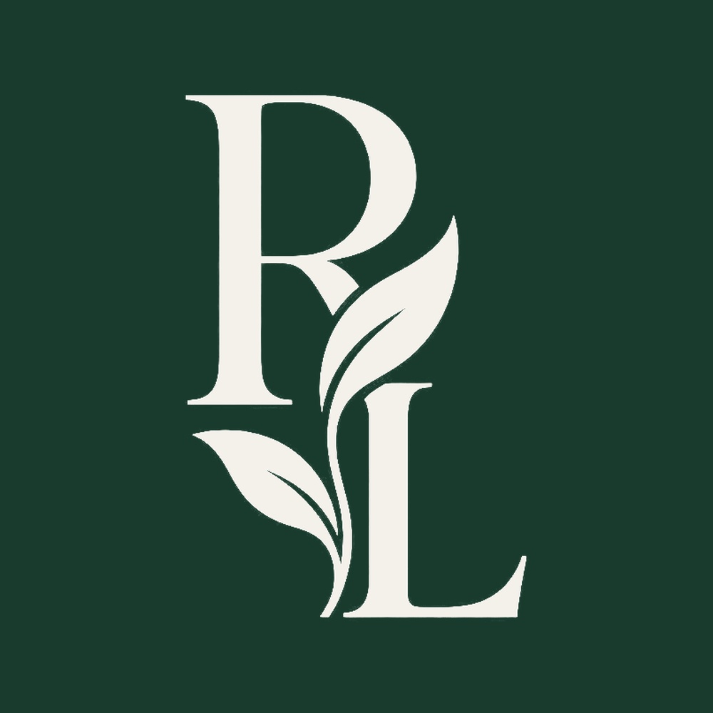 Botanical RL monogram in ivory on evergreen.