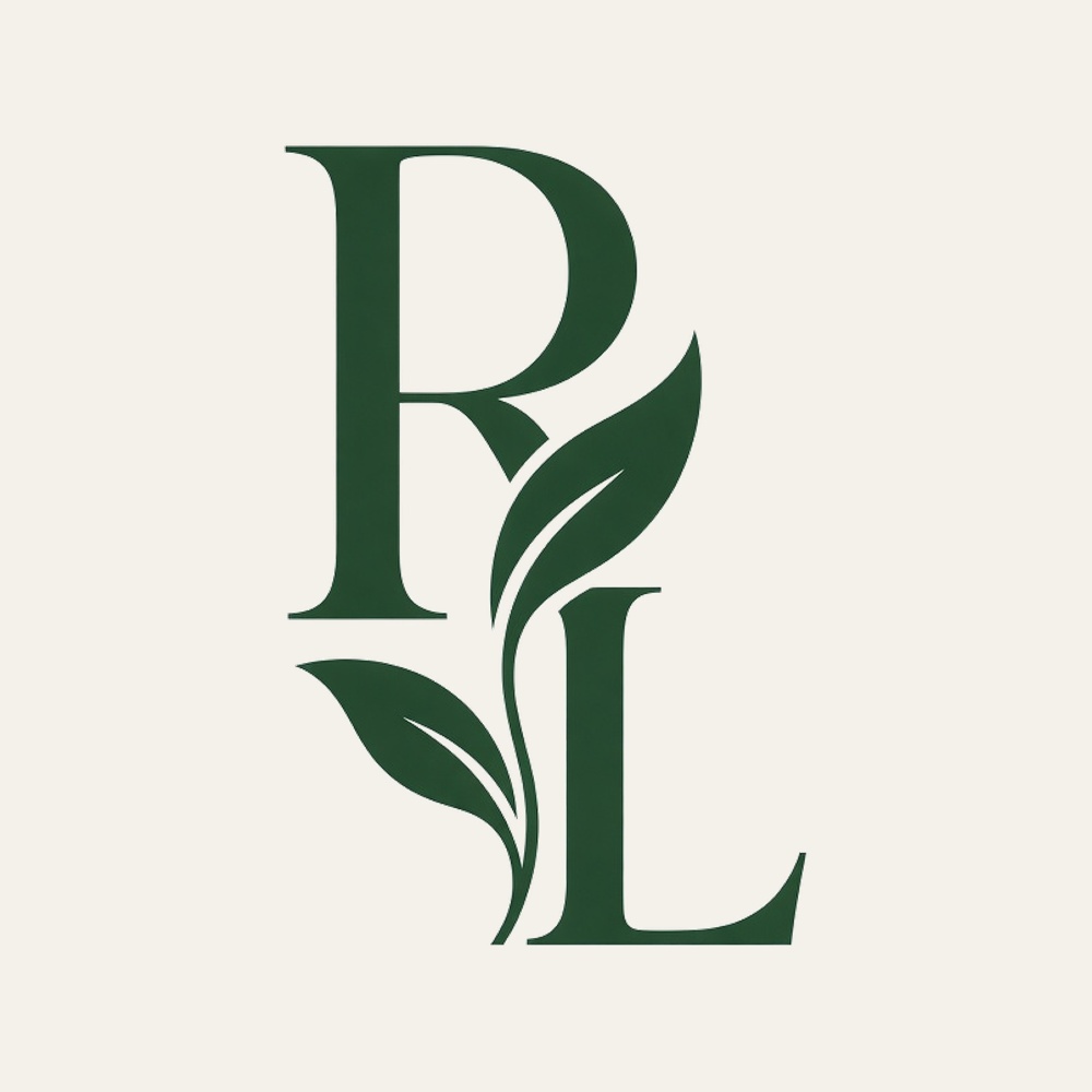 Botanical RL monogram in evergreen on ivory.