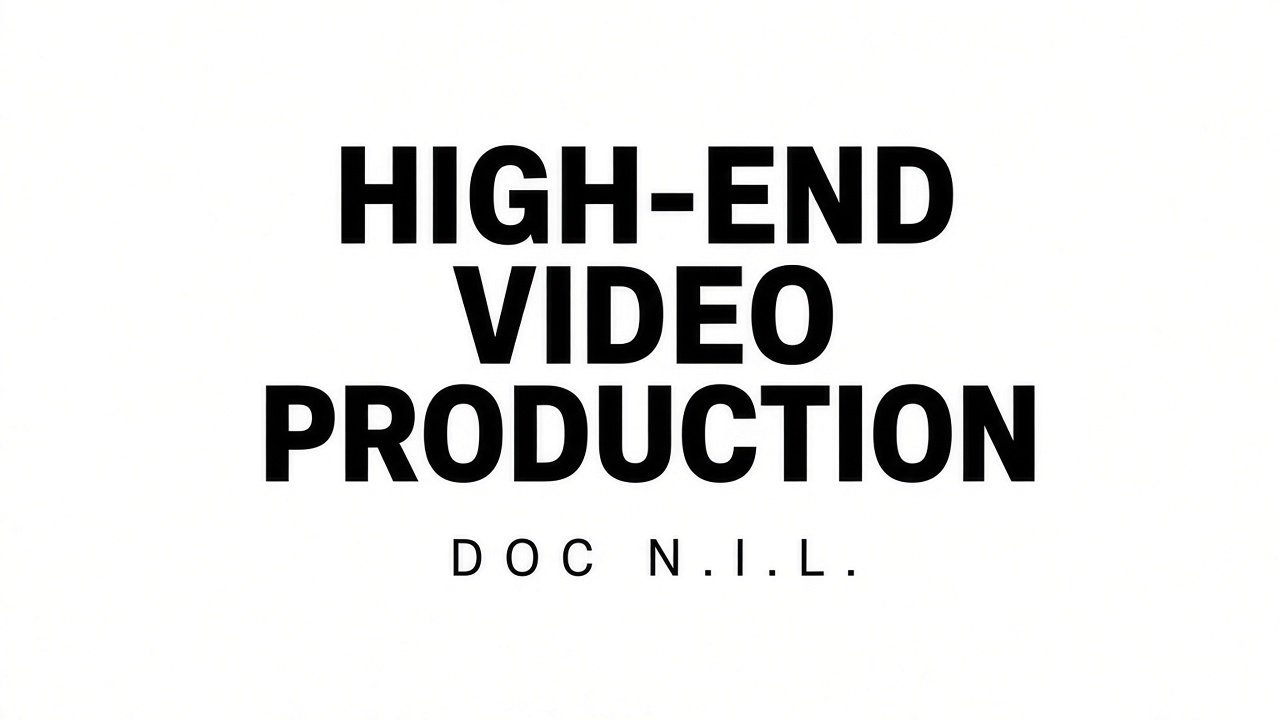 DOC N.I.L. service poster reading High-End Video Production in black lettering on white.