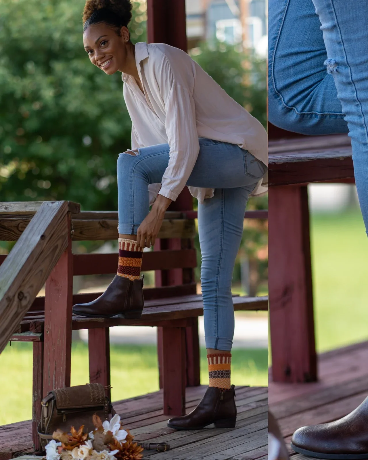 Porch-side styling — commercial model and product photography.