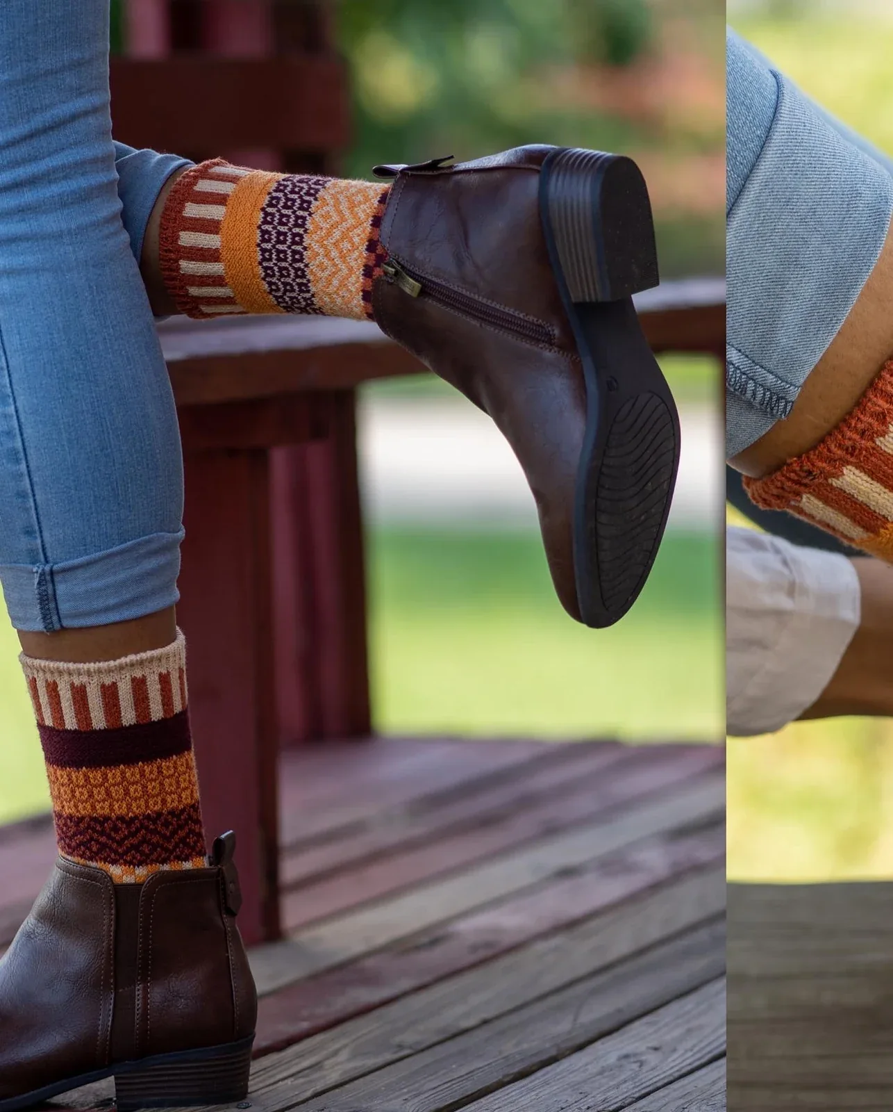 Patterned socks paired with ankle boots — lifestyle product detail.