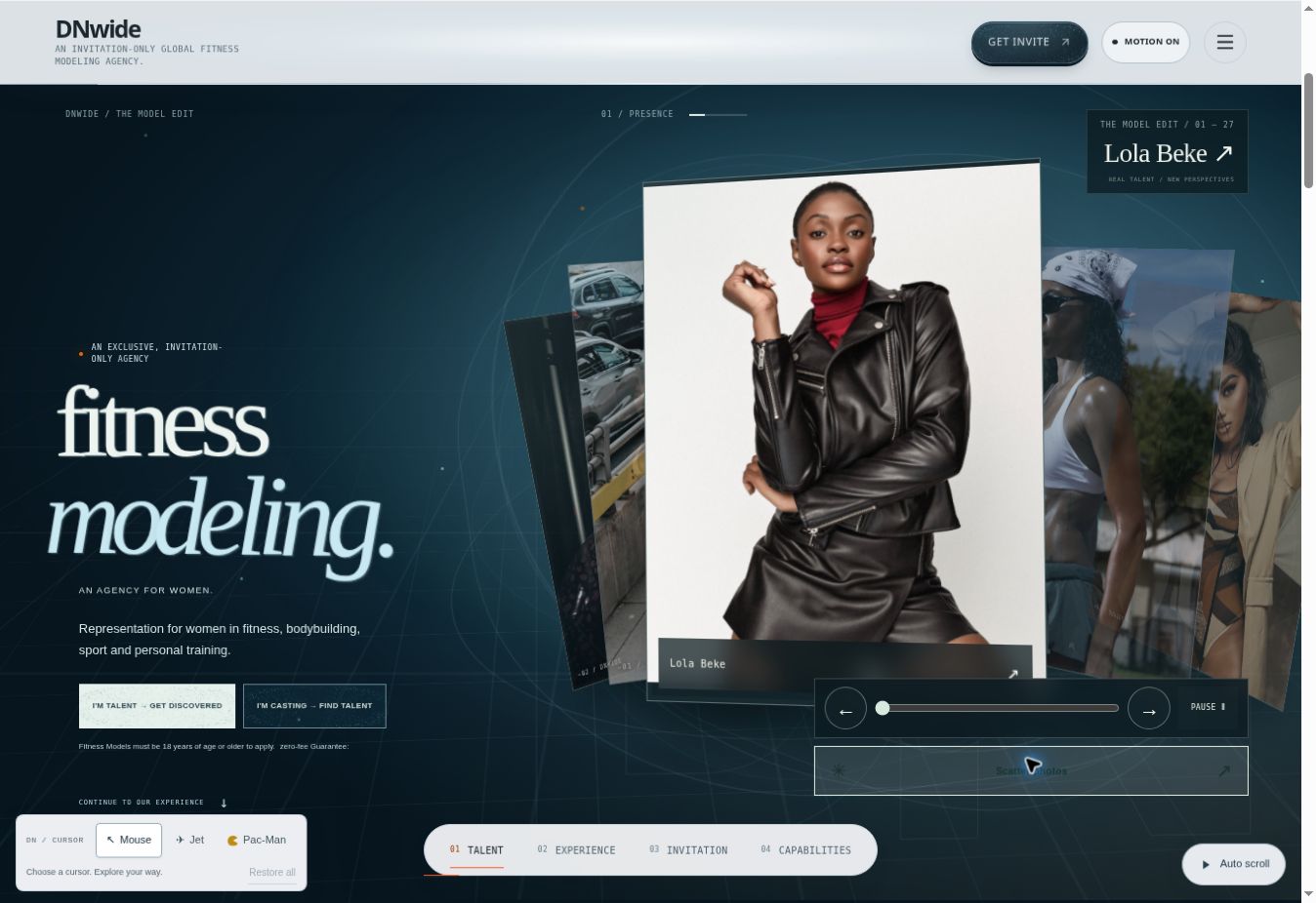 DNwide fitness modeling agency published website screenshot — Lola Beke featured profile with roster slider