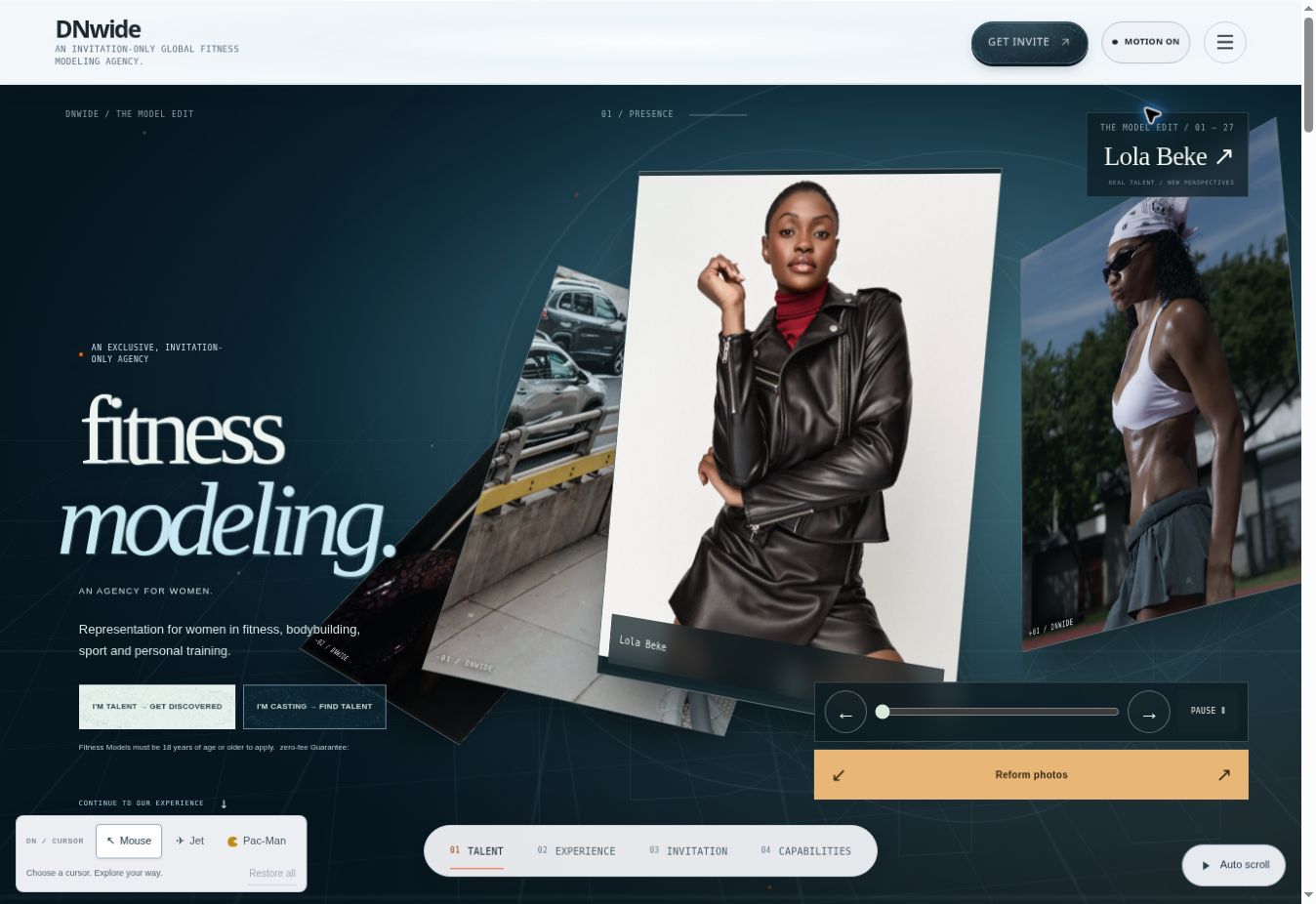 DNwide fitness modeling agency published website screenshot — Layered fitness-model gallery on the teal talent stage