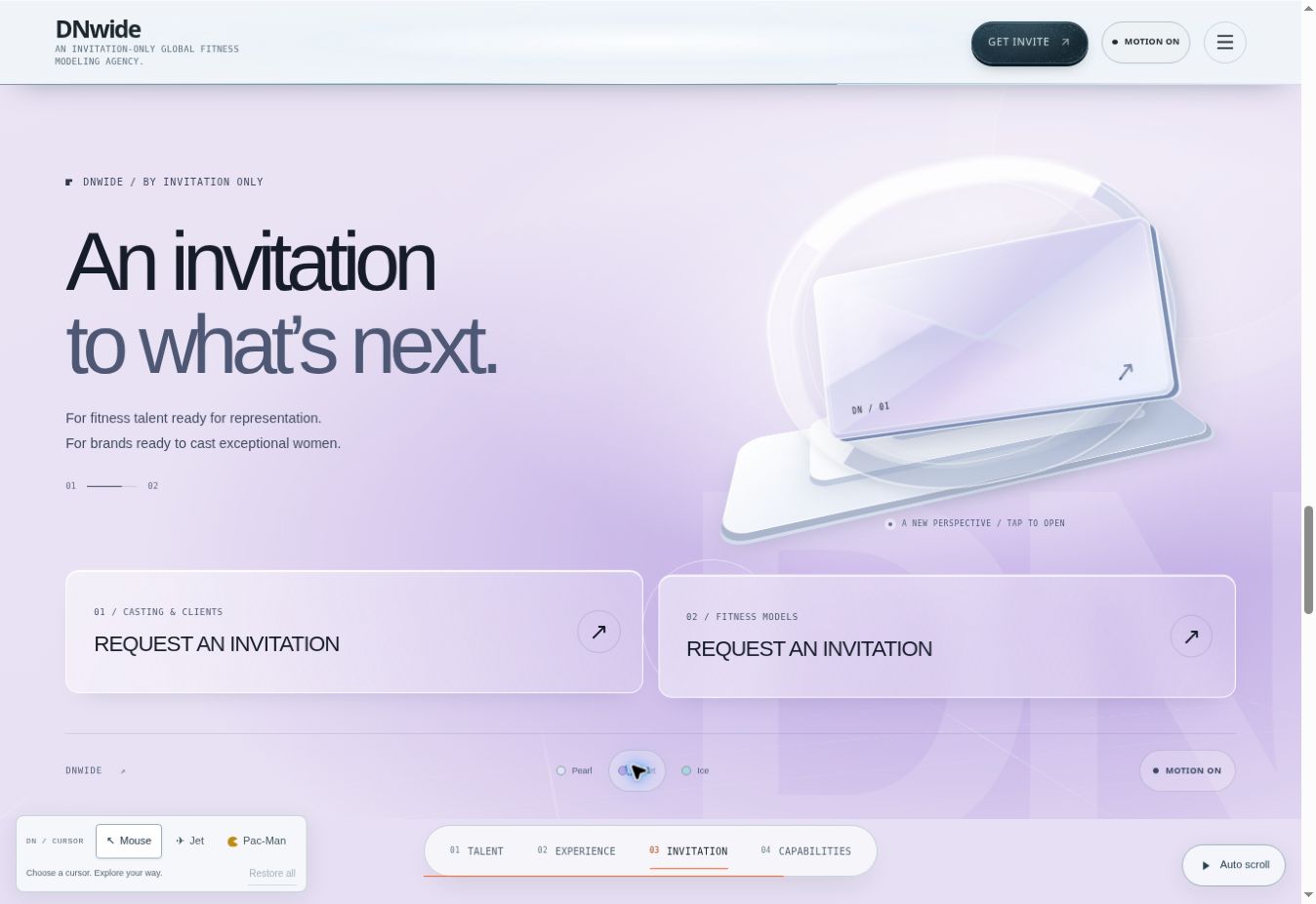 DNwide fitness modeling agency published website screenshot — Lavender invitation scene with Violet atmosphere selected