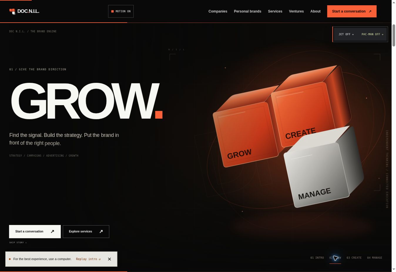DOC N.I.L. published website screenshot — Grow chapter with strategy and campaign messaging