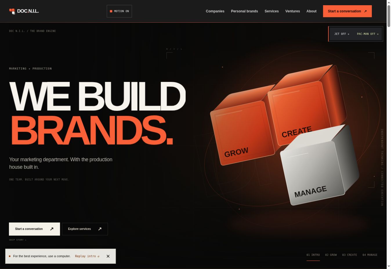 DOC N.I.L. published website screenshot — Brand engine with three-dimensional Create, Grow, and Manage folders