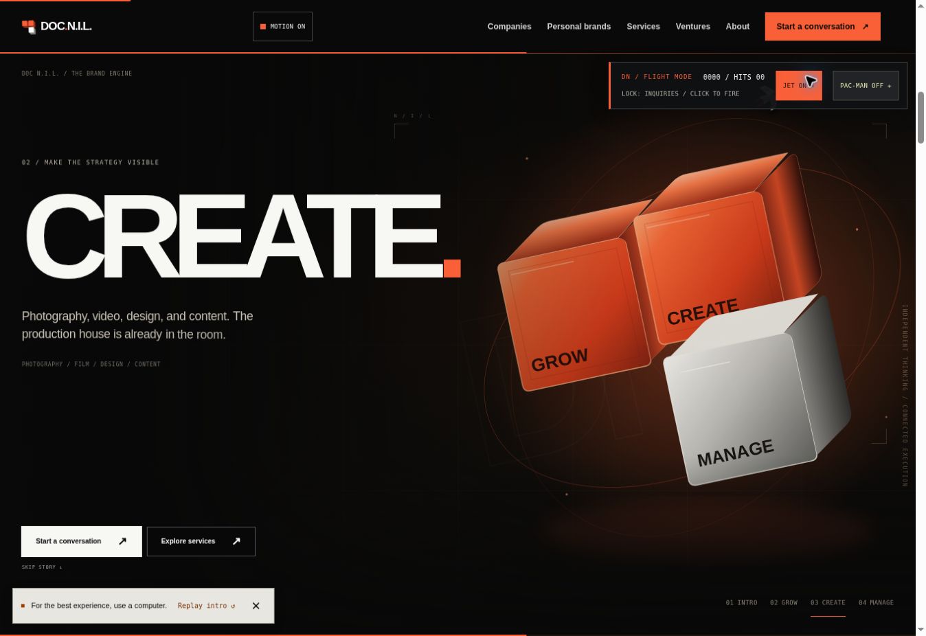 DOC N.I.L. published website screenshot — Create chapter with Jet flight mode enabled