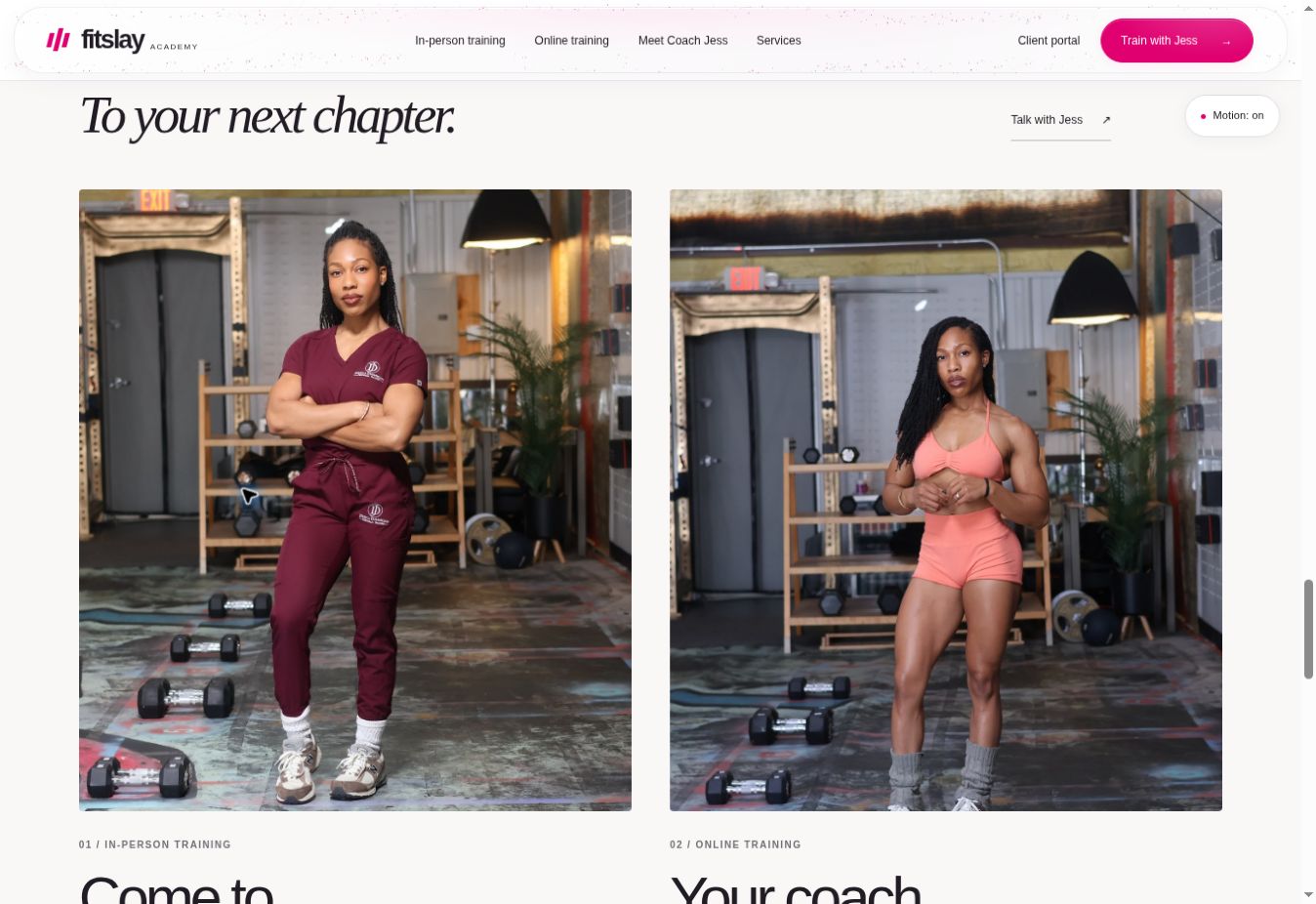 FitSlay Academy published website redesign screenshot — Side-by-side in-person and online training pathways