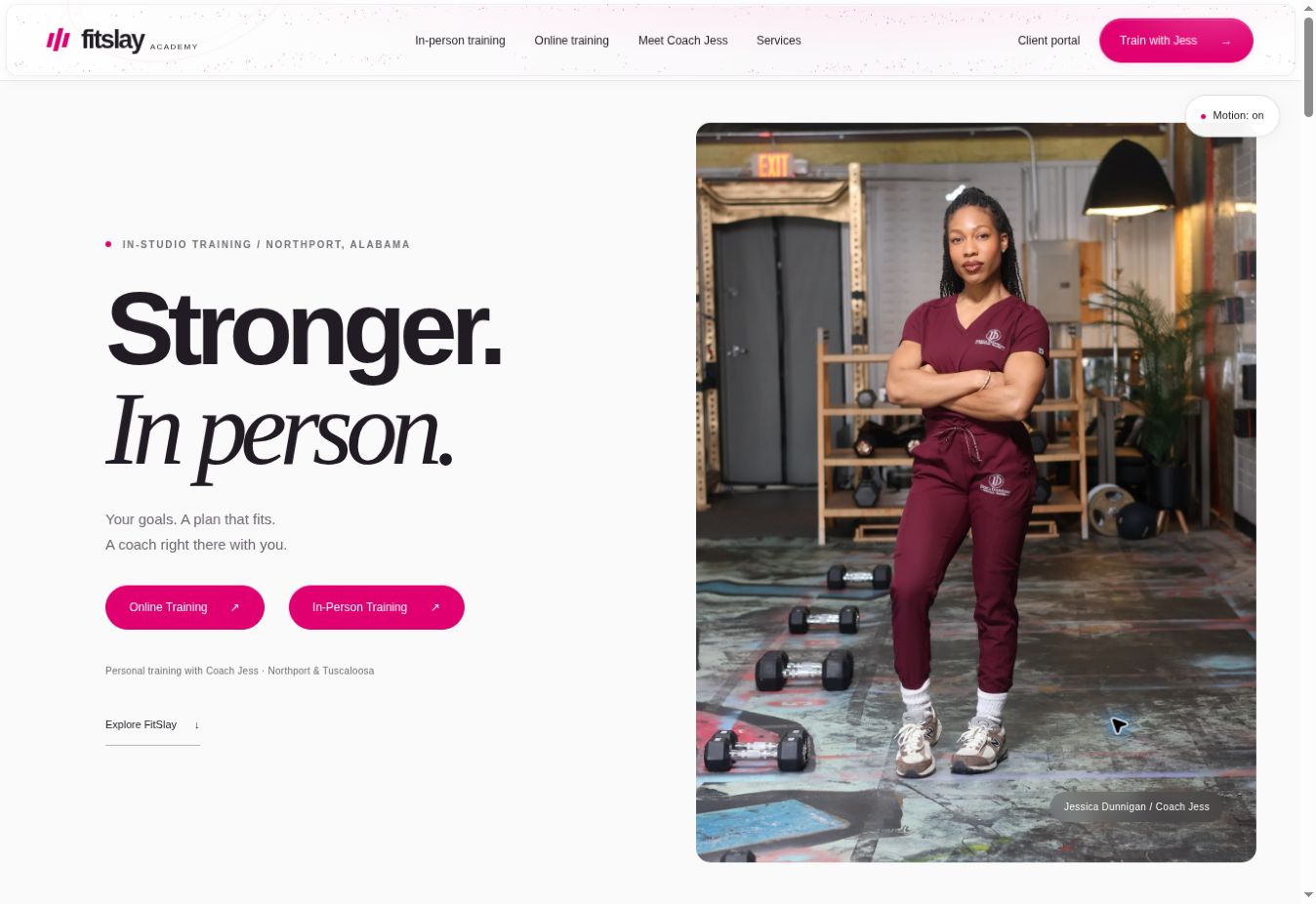 FitSlay Academy published website redesign screenshot — Stronger. In person. training introduction