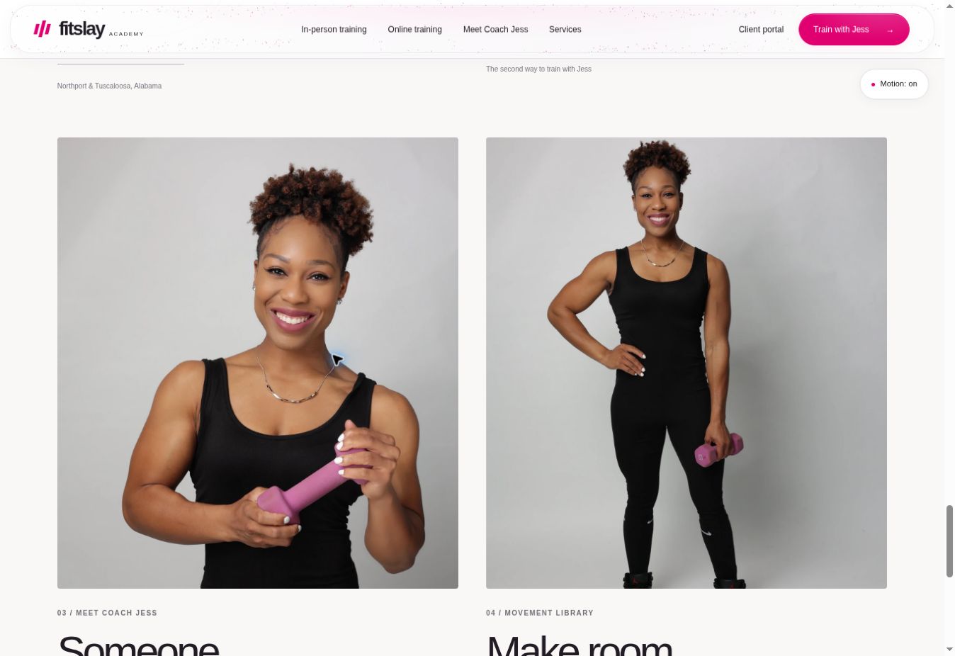 FitSlay Academy published website redesign screenshot — Meet Coach Jess and Movement Library portrait panels
