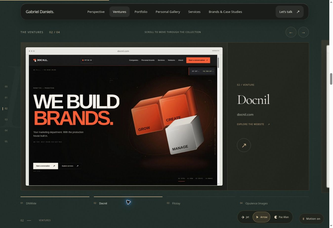 Gabriel Daniels published personal website screenshot — Ventures gallery showing the DOC N.I.L. website snapshot