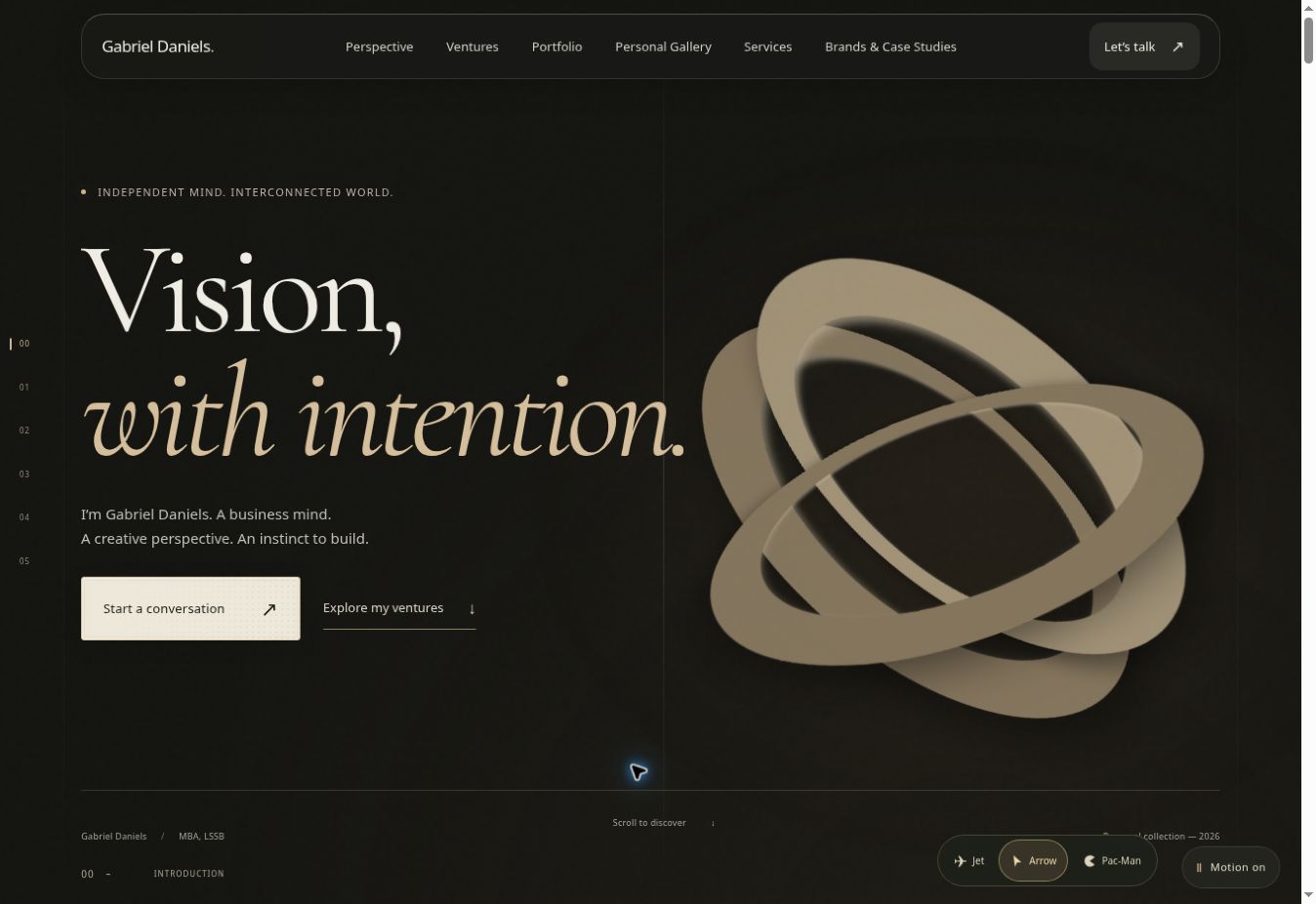 Gabriel Daniels published personal website screenshot — Vision, with intention hero and sculptural orbital rings