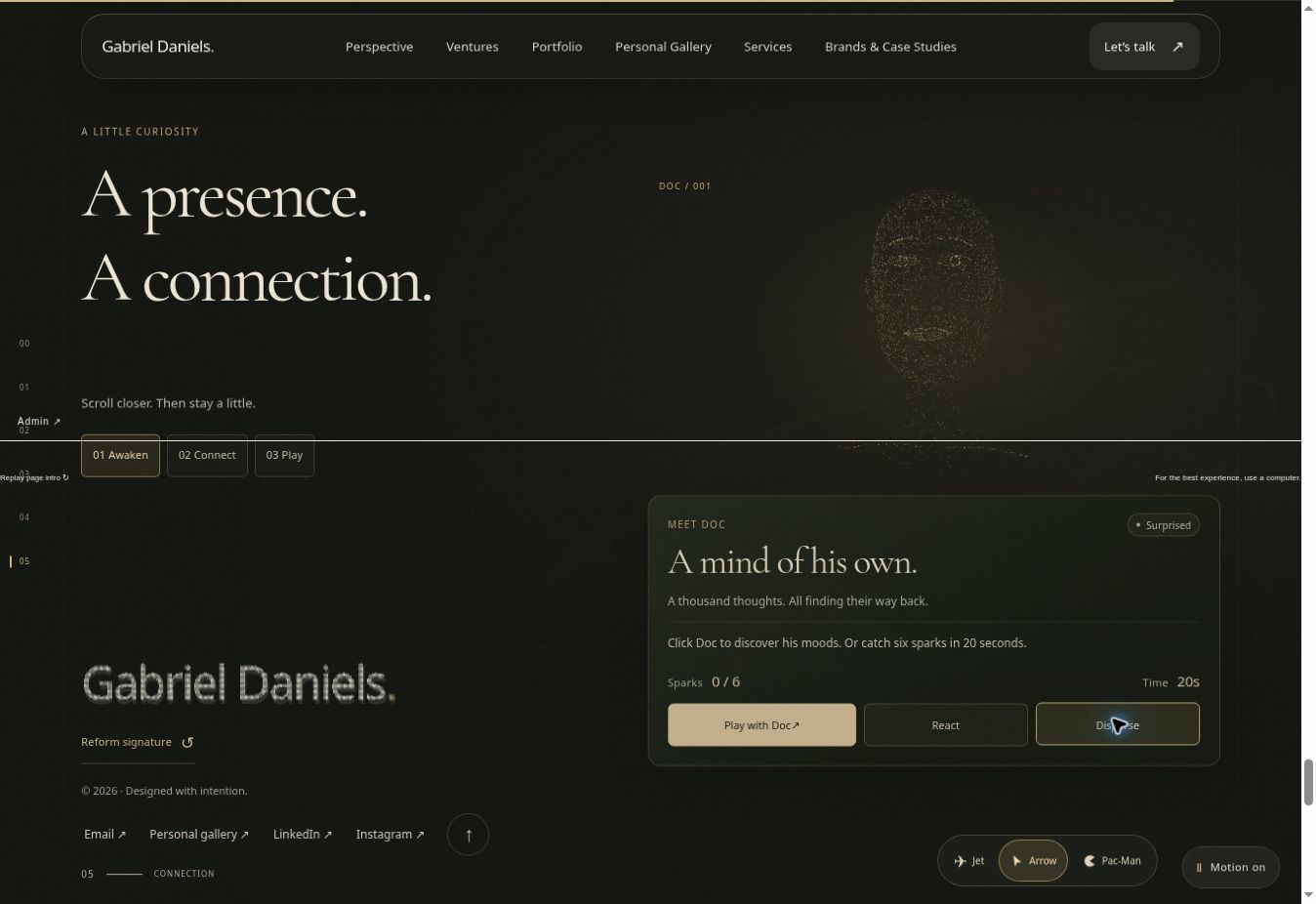 Gabriel Daniels published personal website screenshot — Meet Doc particle portrait with Surprised mood and Disperse control